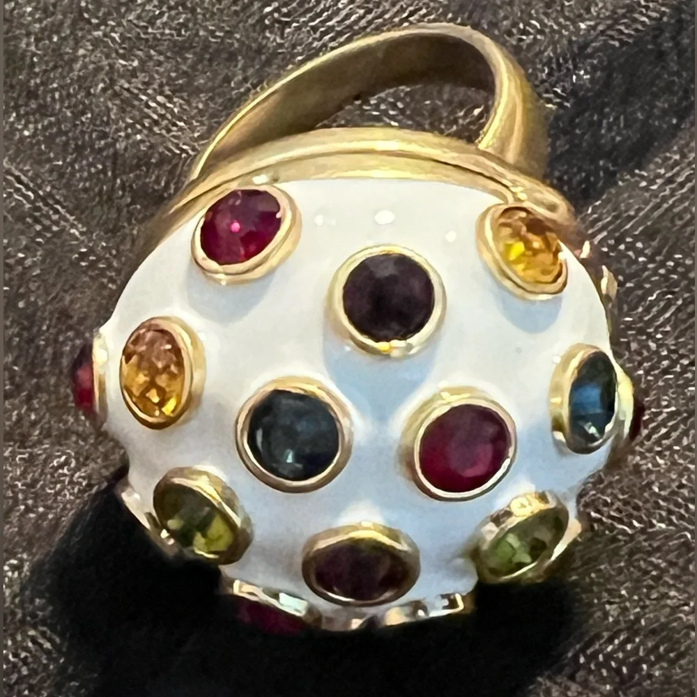 🆕Tory Burch Authentic Locket Magnetic Ring White Enamel & Colorful Stones Size 7